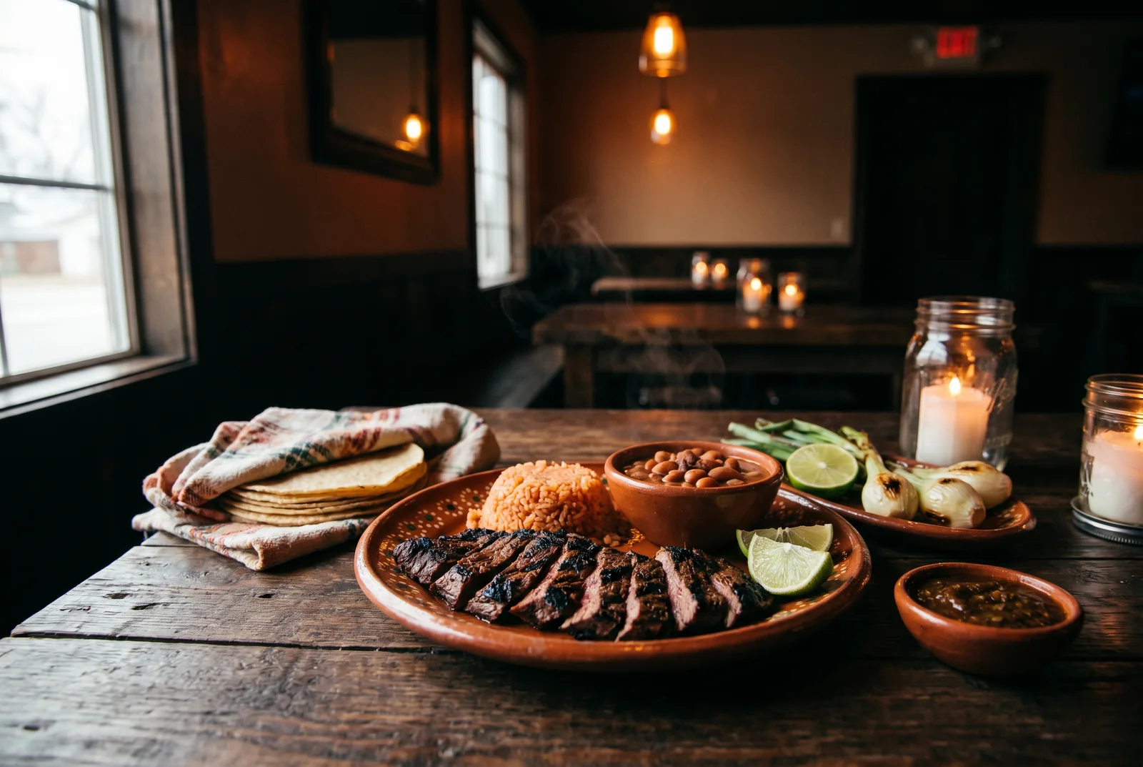 Carne asada plate with handmade tortillas