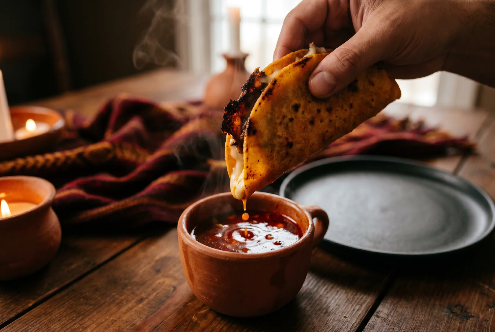 Birria taco dipped in consommé