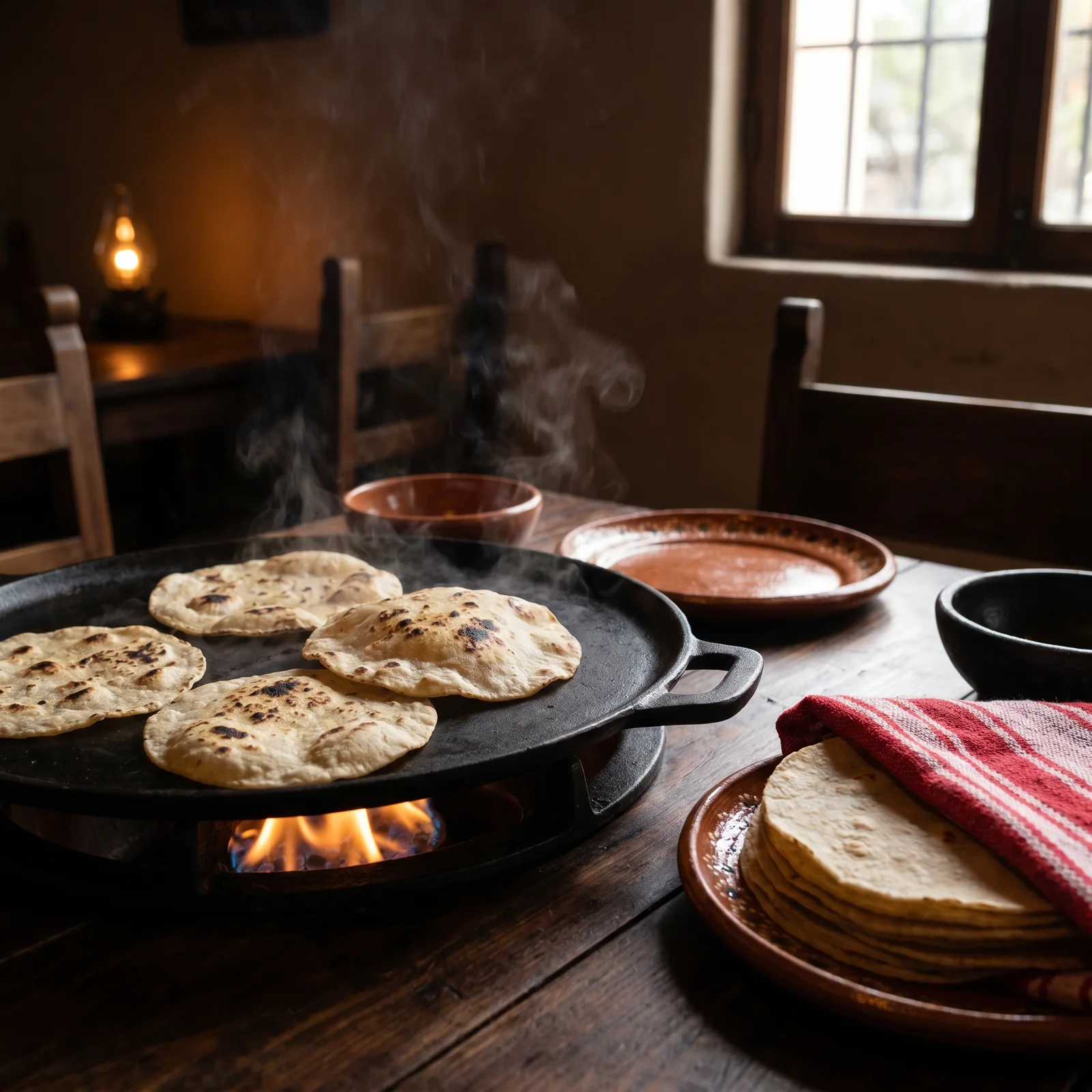 Handmade tortillas on the comal