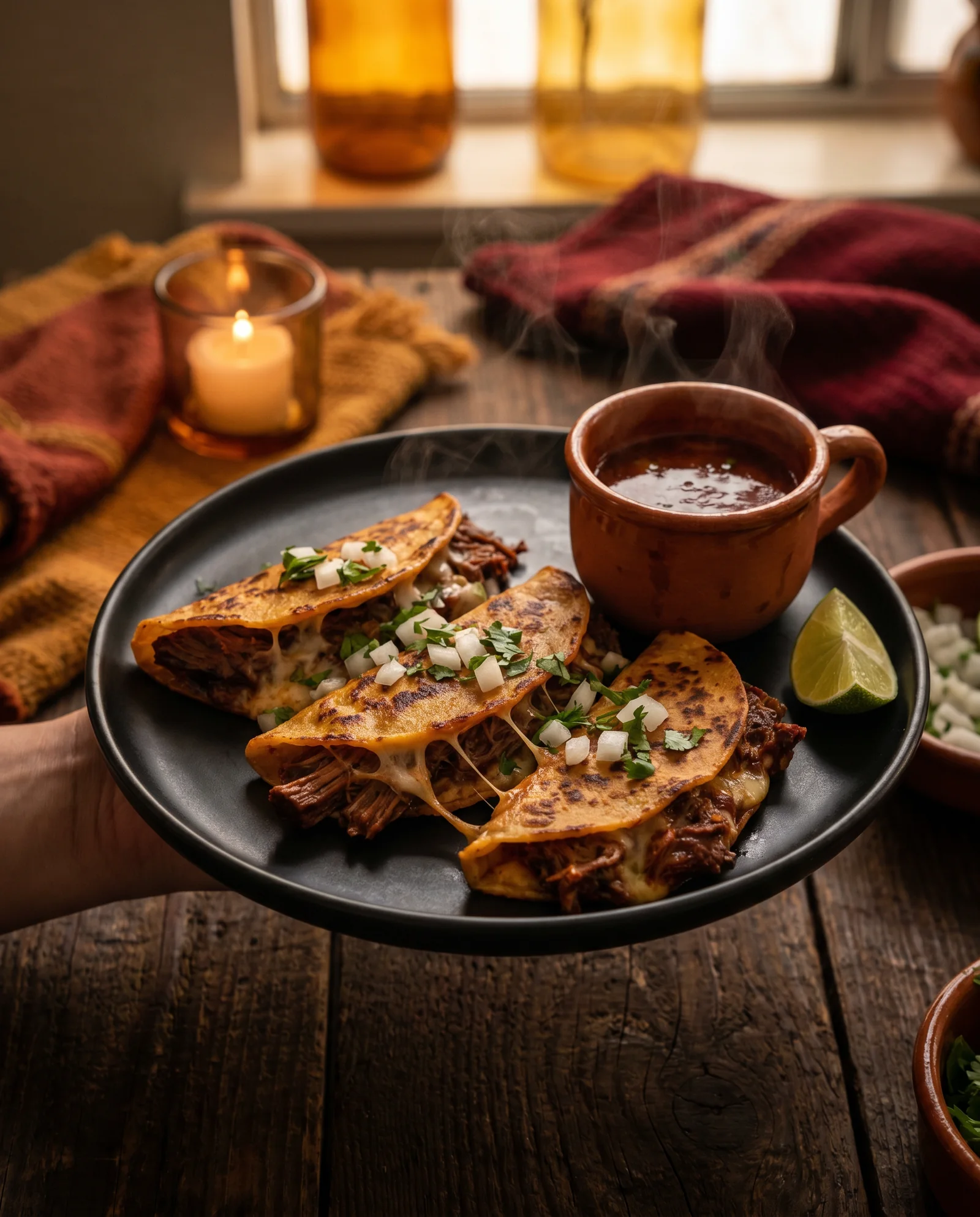 Birria tacos with rich red consommé