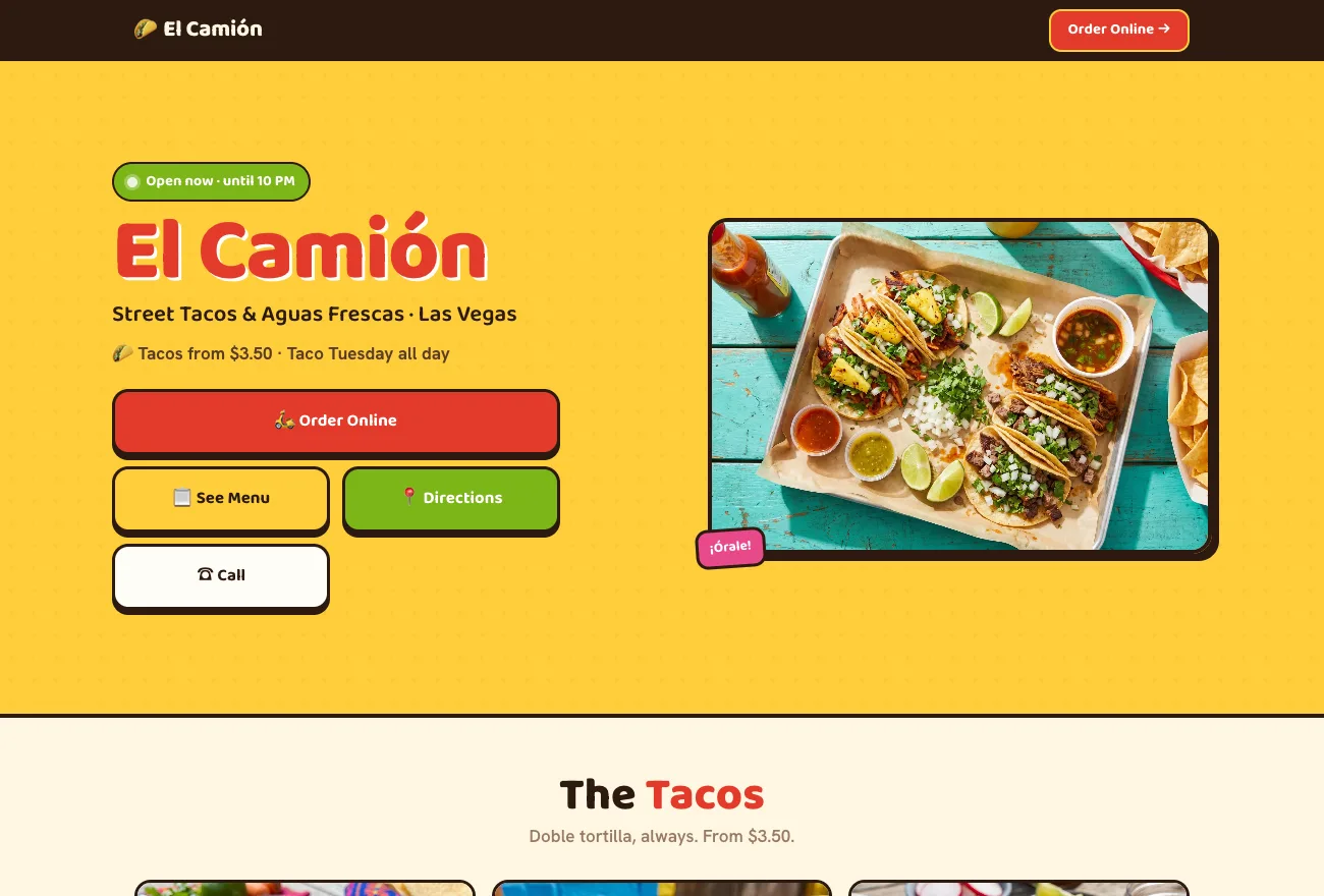 El Camión street tacos restaurant website