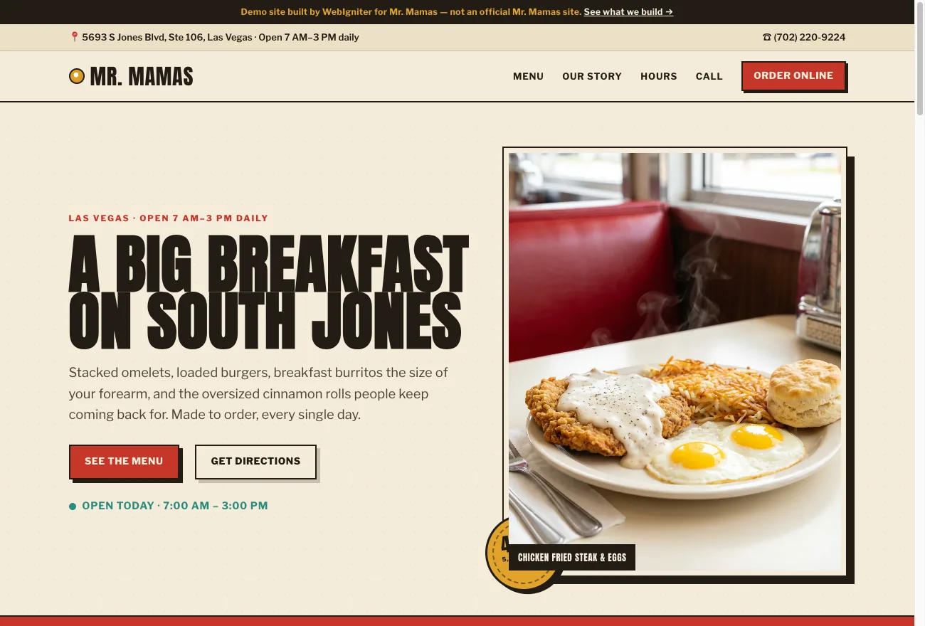 Mr. Mamas Breakfast & Lunch — a restaurant website built by WebIgniter