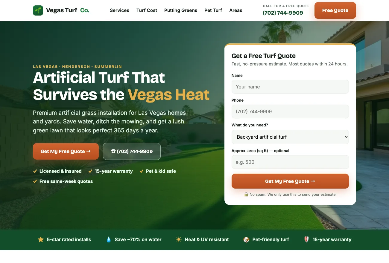 Vegas Turf Co — artificial turf installation website built by WebIgniter