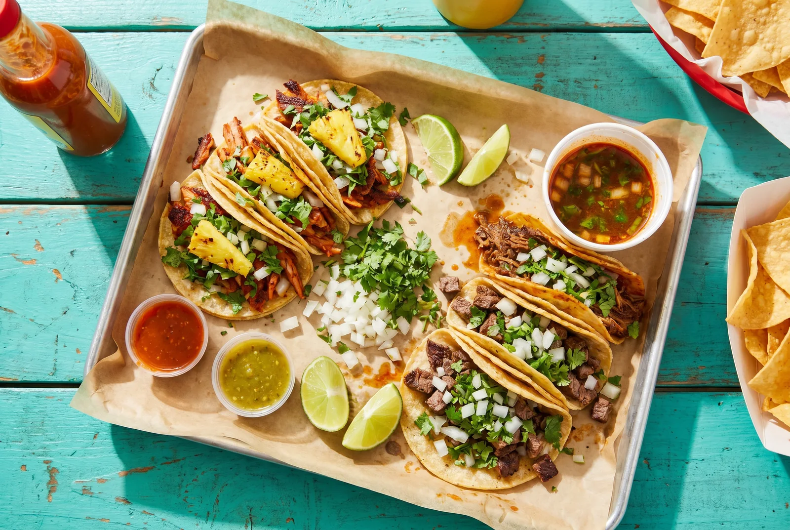 A tray of assorted street tacos