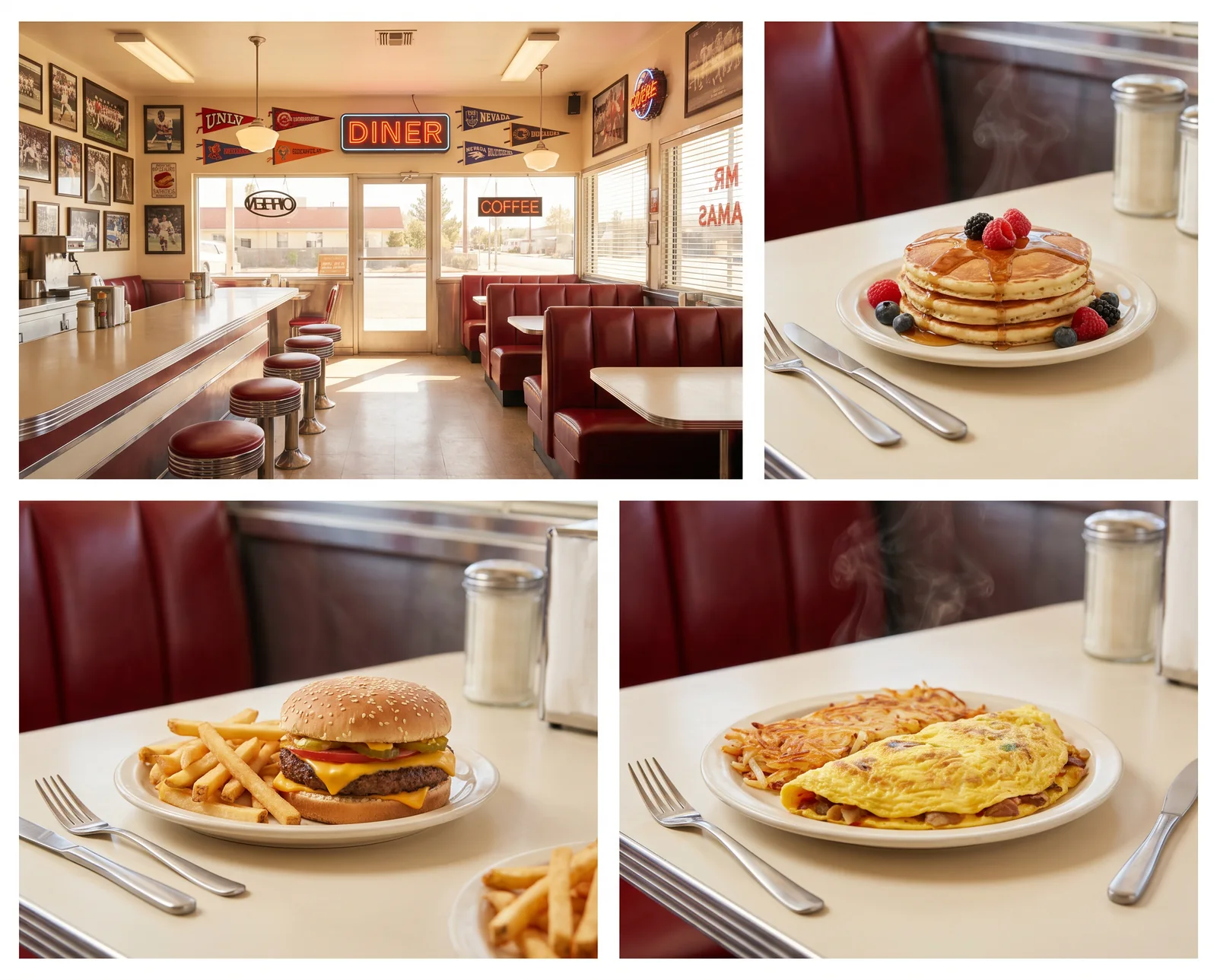 Inside the Mr. Mamas diner: counter, booths, and memorabilia