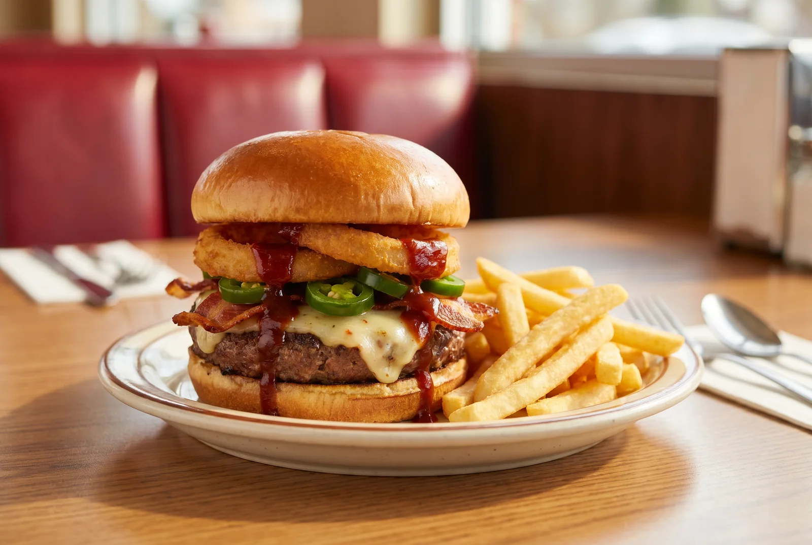 Nick's Jalapeño Burger with onion rings and fries