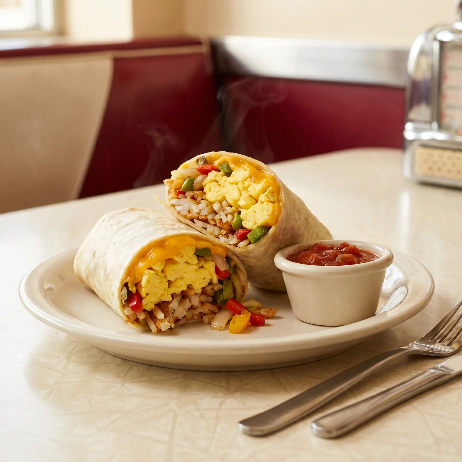 Breakfast burrito cut in half