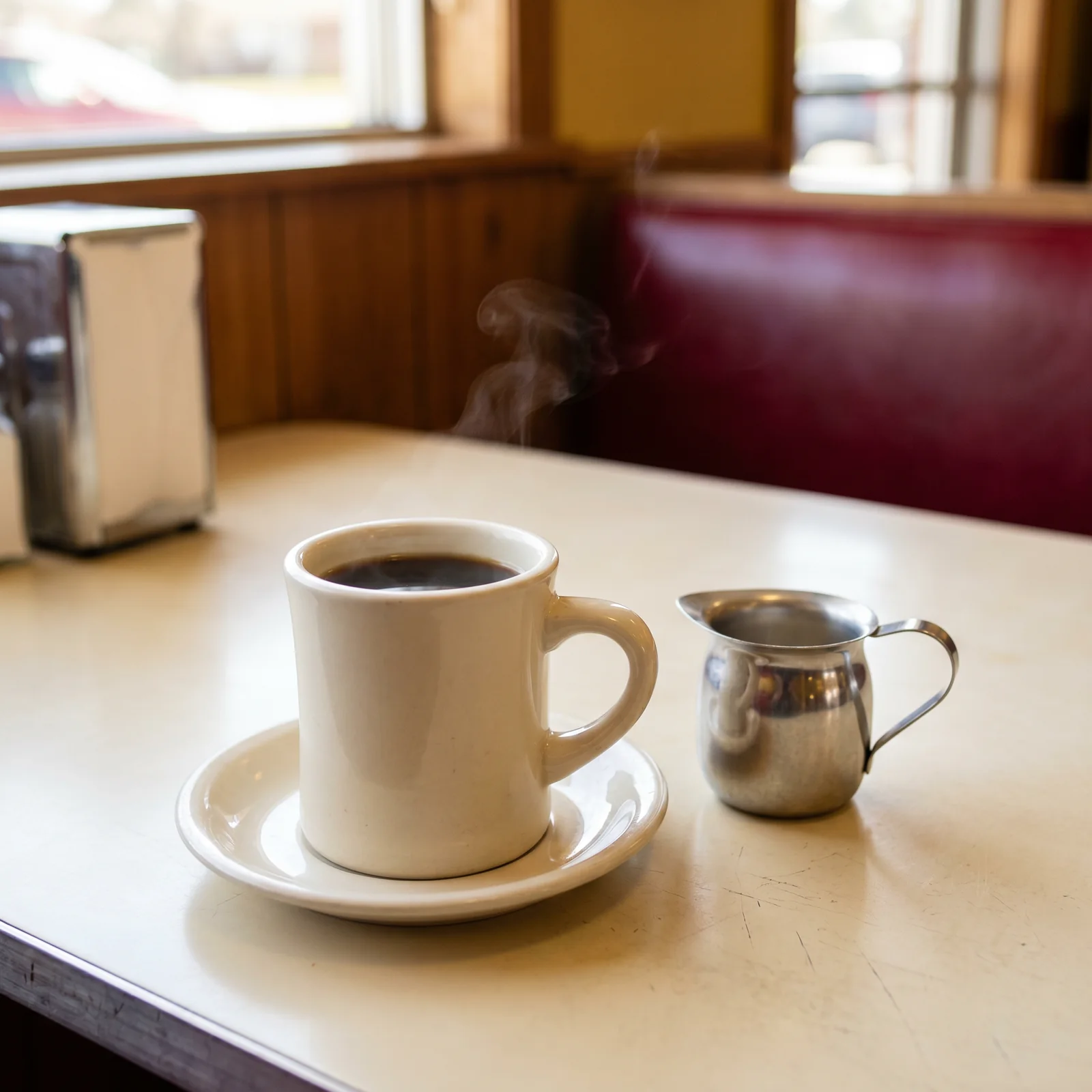 Diner cup of coffee with cream pitcher