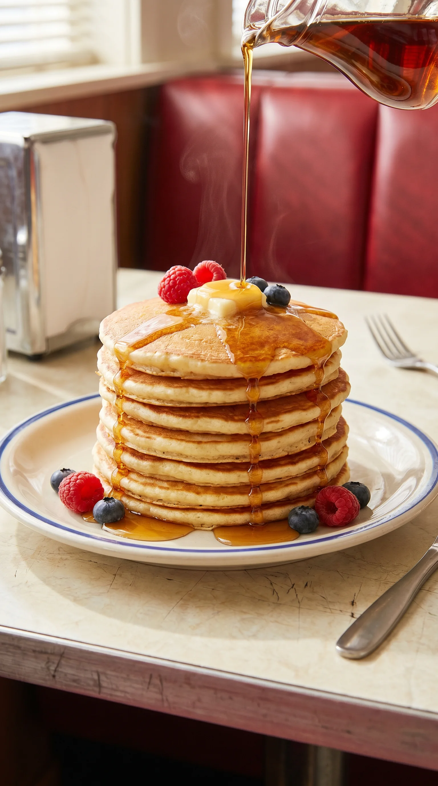 Stack of buttermilk pancakes with syrup