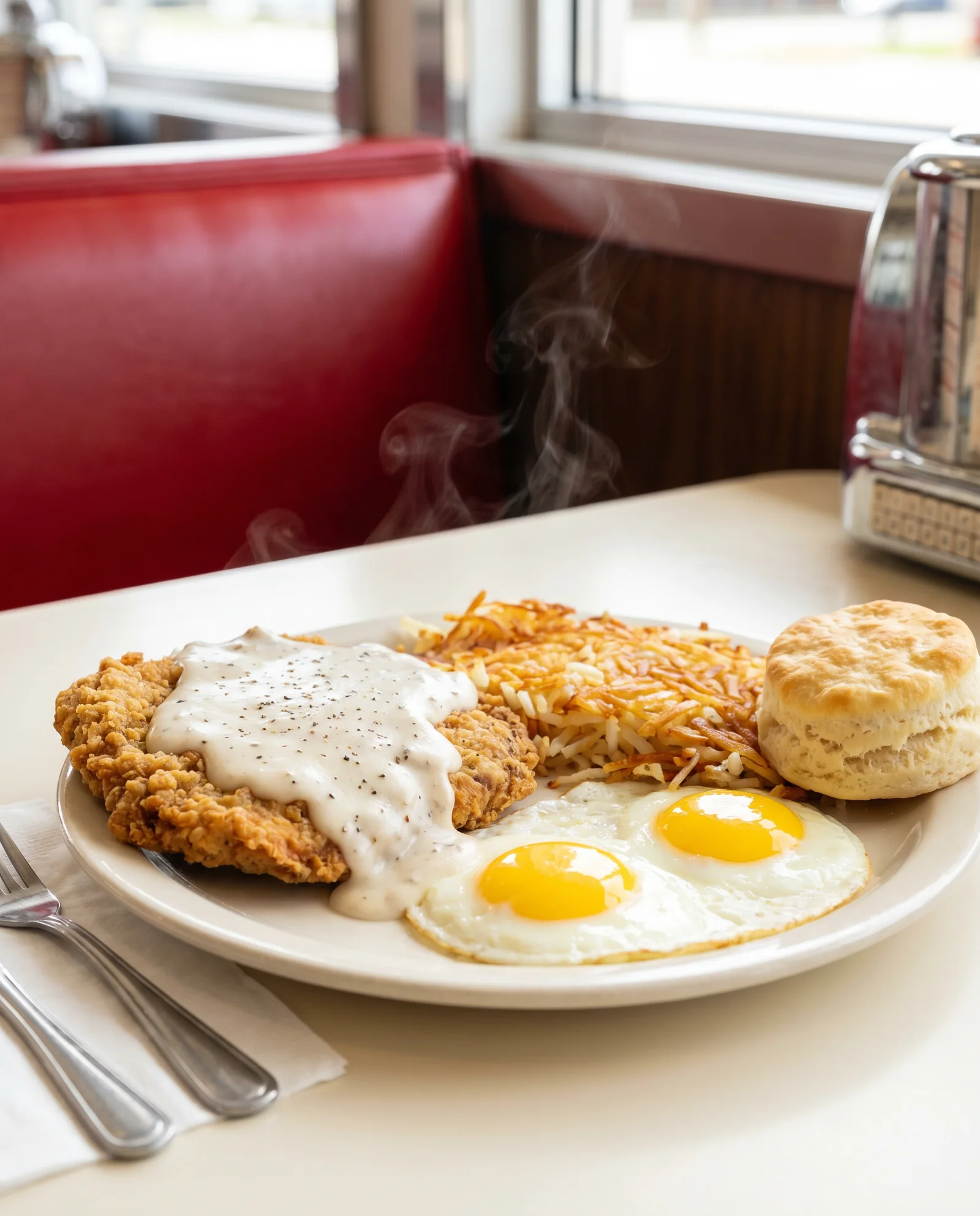 Chicken fried steak and eggs with hash browns